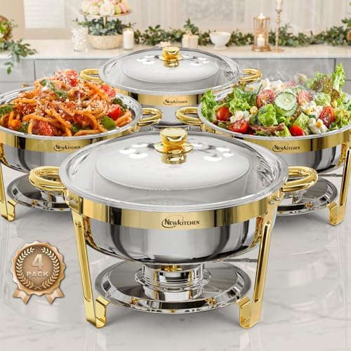 Chafing Dishes for Buffet 4 Pack, 6QT Round Chafing Dishes for Buffet [Elegant Gold] Stainless Steel Chafing