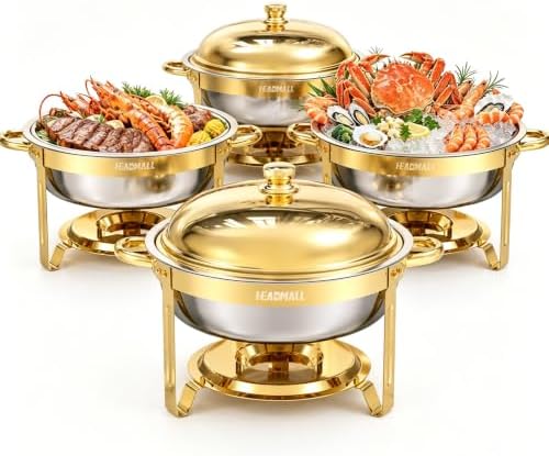 Chafing Dishes for Buffet 4 Pack, 6QT Round Gold Chafing Dish Buffet Set with High Dome Lid, Stainless Steel