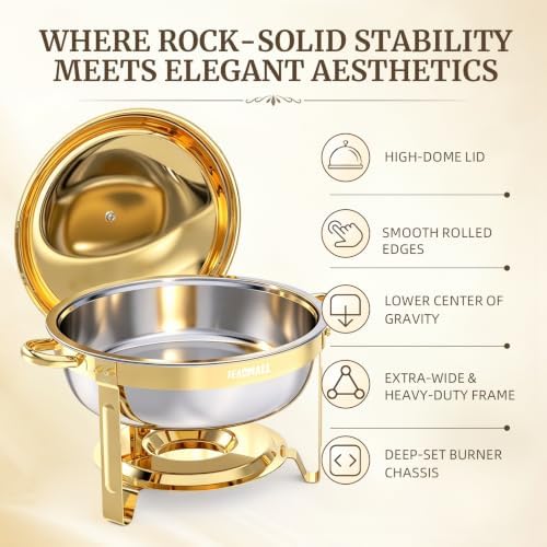 Chafing Dishes for Buffet 4 Pack, 6QT Round Gold Chafing Dish Buffet Set with High Dome Lid, Stainless Steel, alternate view