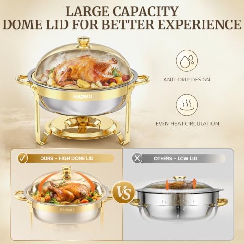 Chafing Dishes for Buffet 4 Pack, 6QT Round Gold Chafing Dish Buffet Set with High Dome Lid, Stainless Steel, alternate view
