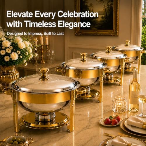 Chafing Dishes for Buffet, 4 Pack 6QT Round Stainless Steel, Gold in Gold, alternate view 7