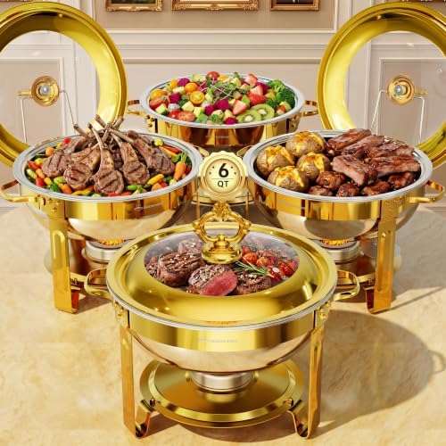 Chafing Dishes for Buffet 4 Pack, 6QT Round with Glass Lid in Gold