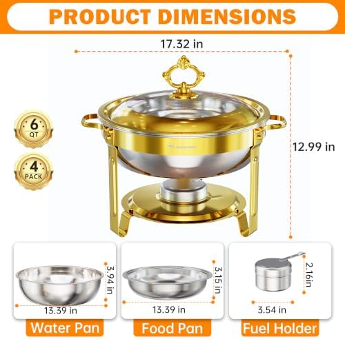 Chafing Dishes for Buffet 4 Pack, 6QT Round with Glass Lid in Gold, alternate view 2