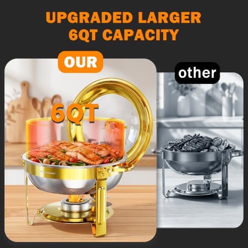 Chafing Dishes for Buffet 4 Pack, 6QT Round with Glass Lid in Gold, alternate view 3