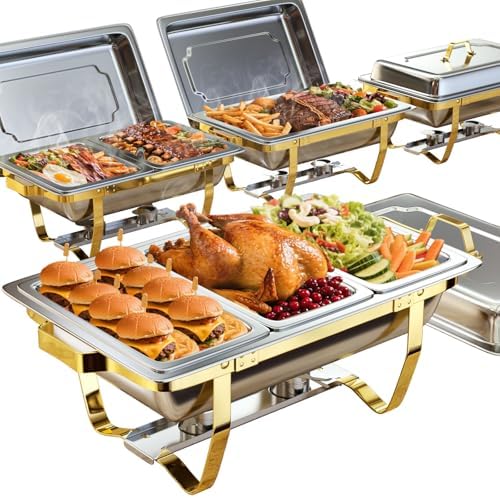 Chafing Dishes for Buffet, 4 Pack 7pan 9QT [Elegant Gold and Silver Colors] Stainless Steel Chafing Dish Buffet
