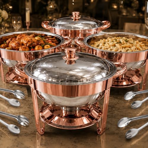Chafing Dishes for Buffet, 4 Pack 7QT Round Rose Gold, Pre-Assembled Stands in Rose Gold