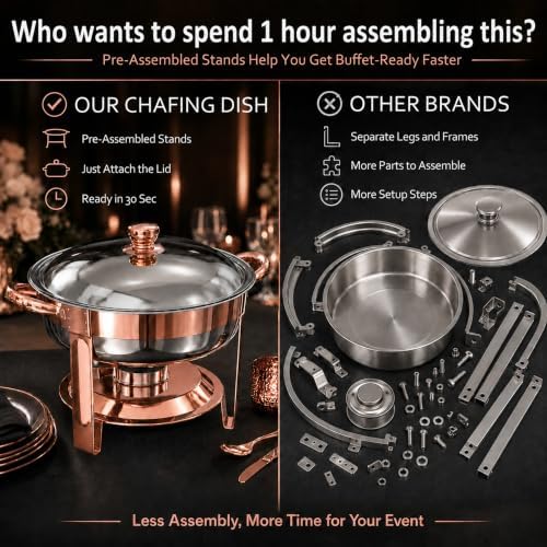 Chafing Dishes for Buffet, 4 Pack 7QT Round Rose Gold, Pre-Assembled Stands in Rose Gold, alternate view 2