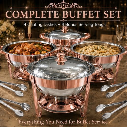 Chafing Dishes for Buffet, 4 Pack 7QT Round Rose Gold, Pre-Assembled Stands in Rose Gold, alternate view 3