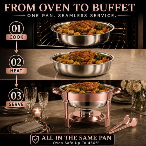 Chafing Dishes for Buffet, 4 Pack 7QT Round Rose Gold, Pre-Assembled Stands in Rose Gold, alternate view 4