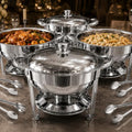 Chafing Dishes for Buffet, 4 Pack 7QT Round Silver, Pre-Assembled Stands in Silver