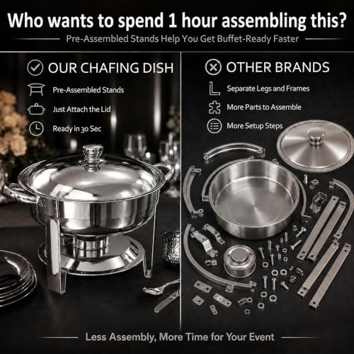 Chafing Dishes for Buffet, 4 Pack 7QT Round Silver, Pre-Assembled Stands in Silver, alternate view 3