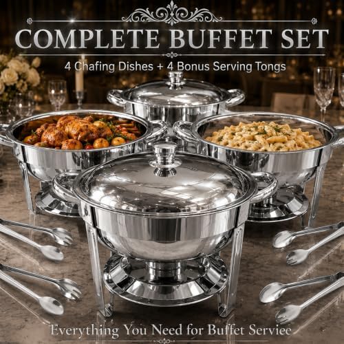 Chafing Dishes for Buffet, 4 Pack 7QT Round Silver, Pre-Assembled Stands in Silver, alternate view 4