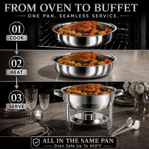 Chafing Dishes for Buffet, 4 Pack 7QT Round Silver, Pre-Assembled Stands in Silver, alternate view 5