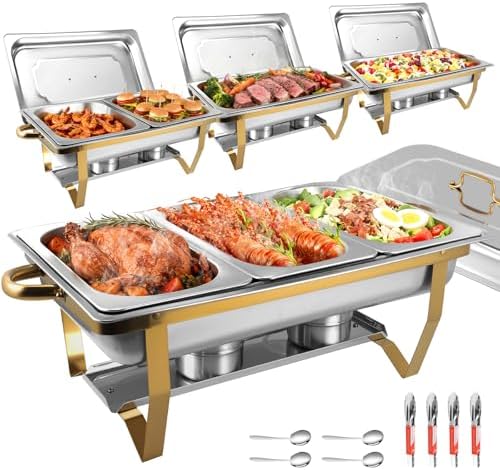 Chafing Dishes for Buffet 4 Pack, 8Qt [Multi-Size Food Pans] High Grade Chafing Dish Buffet Set Rolled-Edge