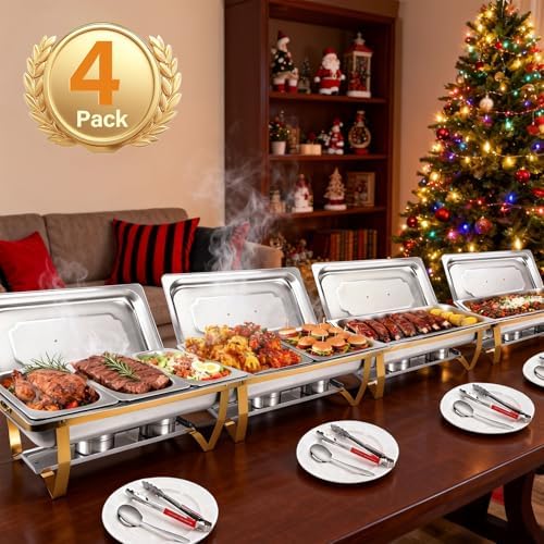 Chafing Dishes for Buffet 4 Pack, 8Qt [Multi-Size Food Pans] High Grade Chafing Dish Buffet Set Rolled-Edge, alternate view 2