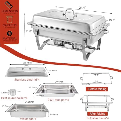 Chafing Dishes for Buffet, 4 Pack 9 Quart Stainless Steel Buffet Set, alternate view 3