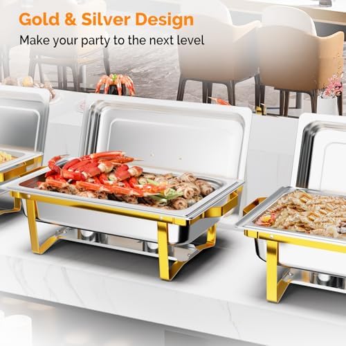 Chafing Dishes for Buffet 4 Pack, 9QT Chafing Dishes [Elegant Gold & Silver] with Rolled-Edge Design, Catering, alternate
