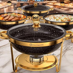 Chafing Dishes for Buffet, 4 Pack 9QT Gold Buffet Display Set, Granite-Coated Round Stainless Steel Food Warmers