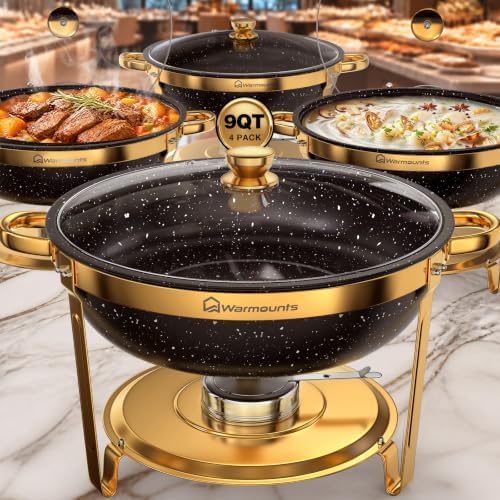 Chafing Dishes for Buffet, 4 Pack 9QT Gold Buffet Display Set, Granite-Coated Round Stainless Steel Food Warmers