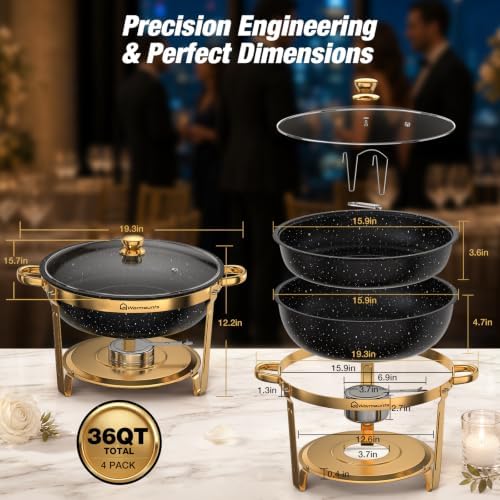 Chafing Dishes for Buffet, 4 Pack 9QT Gold Buffet Display Set, Granite-Coated Round Stainless Steel Food Warmers, alternate