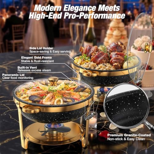 Chafing Dishes for Buffet, 4 Pack 9QT Gold Buffet Display Set, Granite-Coated Round Stainless Steel Food Warmers, alternate