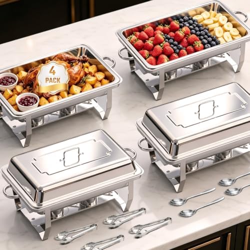 Chafing Dishes for Buffet, 4 Pack 9QT Stainless Steel Rectangular Buffet Servers and Warmers, Buffet Warmer Set