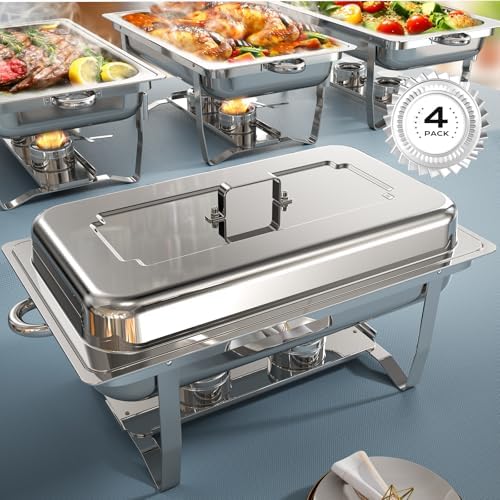 Chafing Dishes for Buffet 4 Pack, [Ultrasonic Mirror Polishing] Chafing Dish Buffet Set 9QT, [Rolled Edge Finger