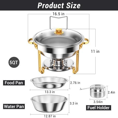 Chafing Dishes for Buffet 5 Qt Food Warmers 4 PACK (Half Gold-Glass), alternate view 3