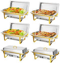 Chafing Dishes for Buffet 6 Pack, 9QT Chafing Dishes [Elegant Gold & Silver] with Rolled-Edge Design, Catering