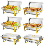 Chafing Dishes for Buffet 6 Pack, 9QT Chafing Dishes [Elegant Gold & Silver] with Rolled-Edge Design, Catering