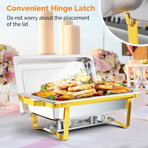 Chafing Dishes for Buffet 6 Pack, 9QT Chafing Dishes [Elegant Gold & Silver] with Rolled-Edge Design, Catering, alternate