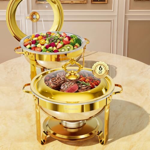 Chafing Dishes for Buffet 6QT, 2 Pack Round with Glass Lid in Gold
