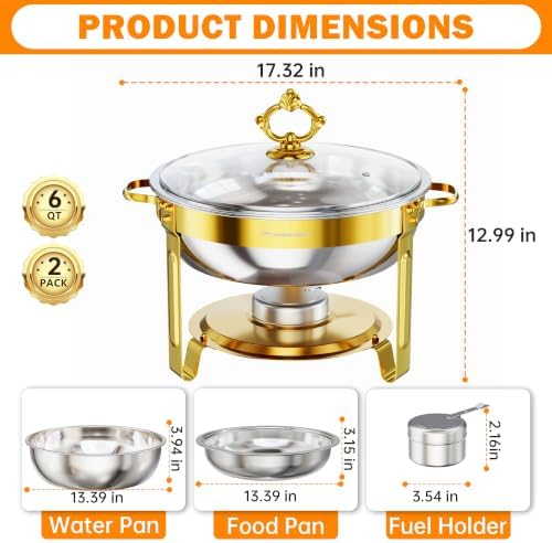 Chafing Dishes for Buffet, 6QT 2 Pack Round with Glass Lid, Gold in Gold, alternate view 2