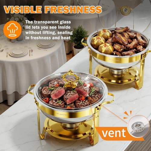 Chafing Dishes for Buffet, 6QT 2 Pack Round with Glass Lid, Gold in Gold, alternate view 3