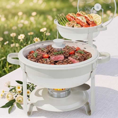 Chafing Dishes for Buffet,6QT 2 Pack, White Maifanite-Coated, Glass Lid, Round in White 6 Quarts 2 Pack