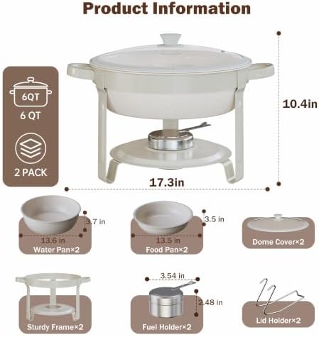 Chafing Dishes for Buffet,6QT 2 Pack, White Maifanite-Coated, Glass Lid, Round in White 6 Quarts 2 Pack, alternate view 2