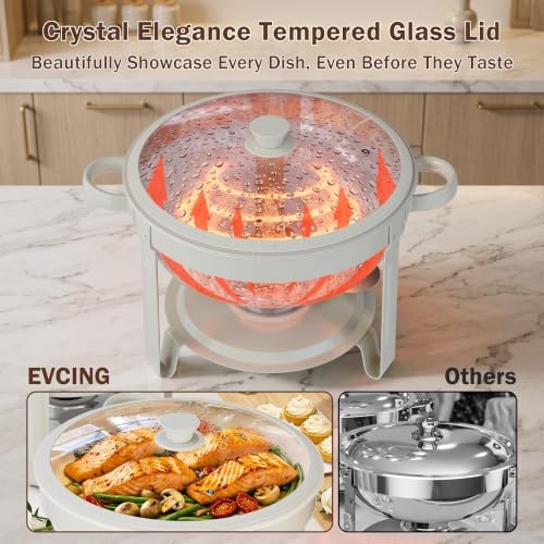 Chafing Dishes for Buffet,6QT 2 Pack, White Maifanite-Coated, Glass Lid, Round in White 6 Quarts 2 Pack, alternate view 4