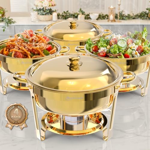 Chafing Dishes for Buffet, 6QT Round Chafing Dishes for Buffet (Full Gold, 4 Pack) in Full Gold