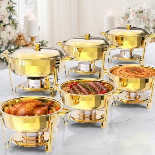 Chafing Dishes for Buffet, 6QT Round Chafing Dishes for Buffet (Full Gold, 6 Pack) in Full Gold