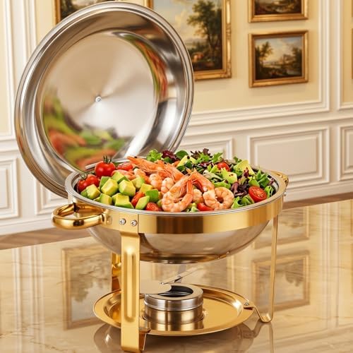 Chafing Dishes for Buffet, 6QT Round Stainless Steel Chafing Dish Set Golden - Food Warmers for Party Catering