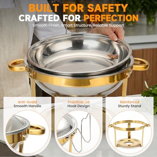 Chafing Dishes for Buffet, 6QT Round Stainless Steel Chafing Dish Set Golden - Food Warmers for Party Catering, alternate