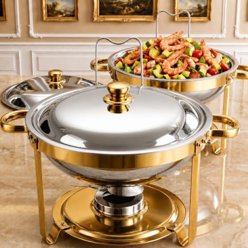 Chafing Dishes for Buffet, 6QT Round Stainless Steel Chafing Dish Set Golden - Food Warmers for Party Catering