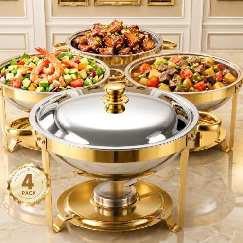 Chafing Dishes for Buffet, 6QT Round Stainless Steel Chafing Dish Set Golden - Food Warmers for Party Catering