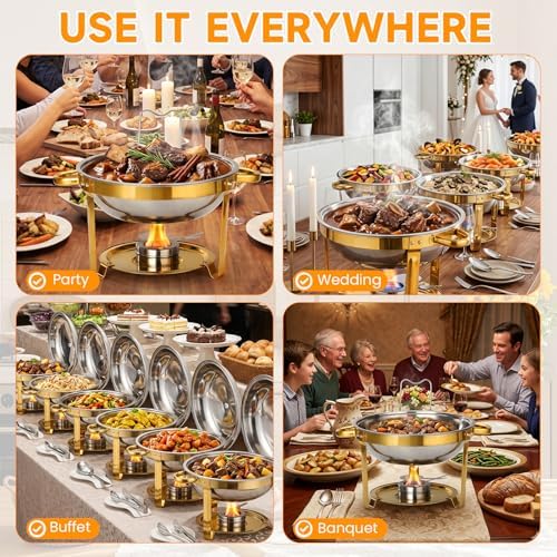 Chafing Dishes for Buffet, 6QT Round Stainless Steel Chafing Dish Set Golden - Food Warmers for Party Catering, alternate