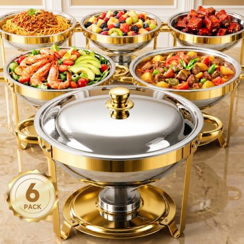 Chafing Dishes for Buffet, 6QT Round Stainless Steel Chafing Dish Set Golden - Food Warmers for Party Catering