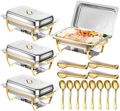 Chafing Dishes for Buffet, 8 Qt Food Warmers 4 Pack 4 Pans Half Gold