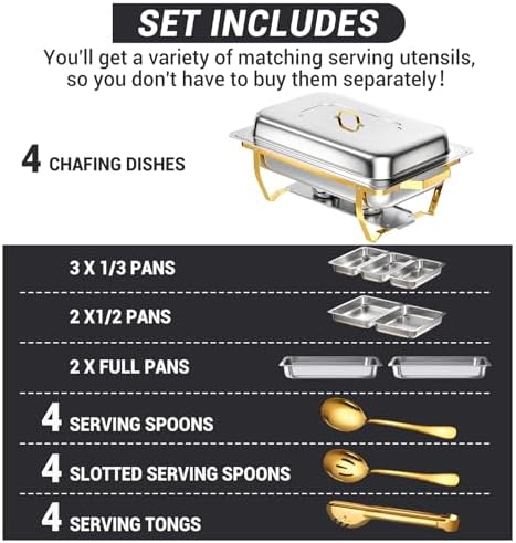 Chafing Dishes for Buffet, 8 Qt Food Warmers 4 Pack 7 Pans Half Gold, alternate view 4