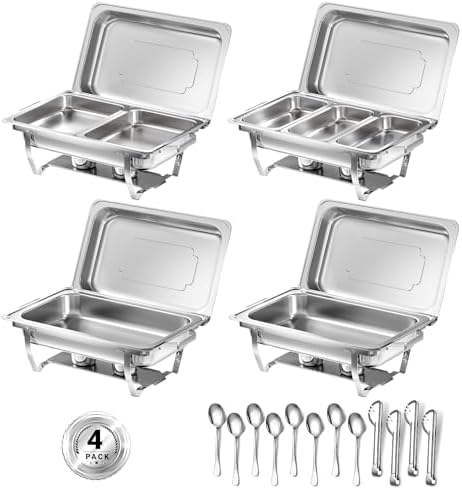 Chafing Dishes for Buffet, 8 Qt Food Warmers 4 Pack 7 Pans Silver