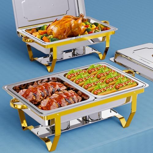 Chafing Dishes for Buffet, 9.5QT 2 Pack with 3 Pans, Gold in 1 Full Size, 2 Half Size