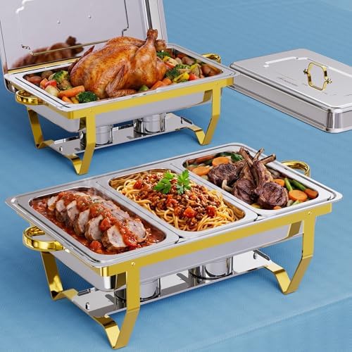 Chafing Dishes for Buffet, 9.5QT 2 Pack with 4 Pans, Gold in Gold